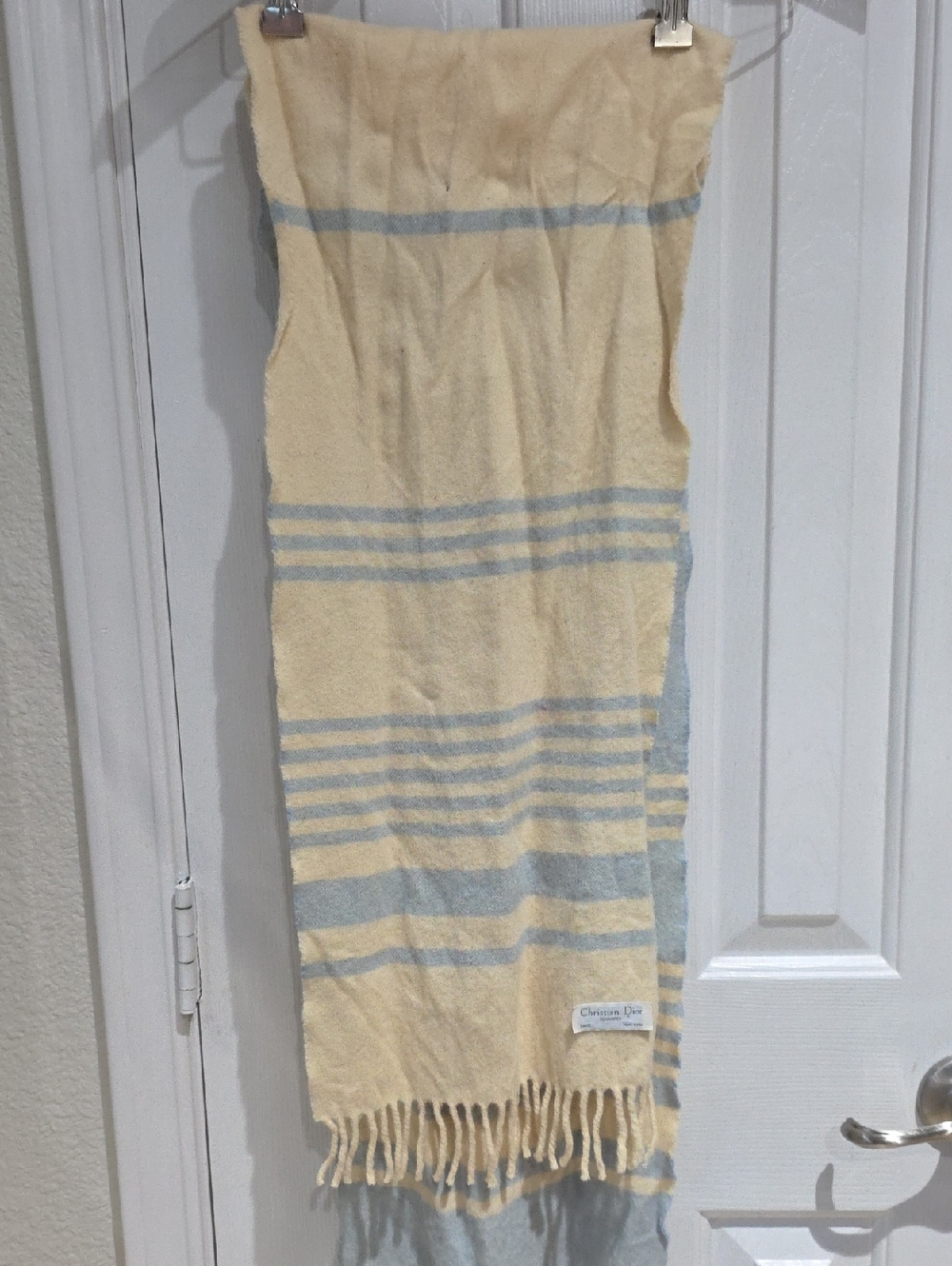 Christian Dior Vintage Wool Cream and Light Blue Striped Fringe Scarf One Size